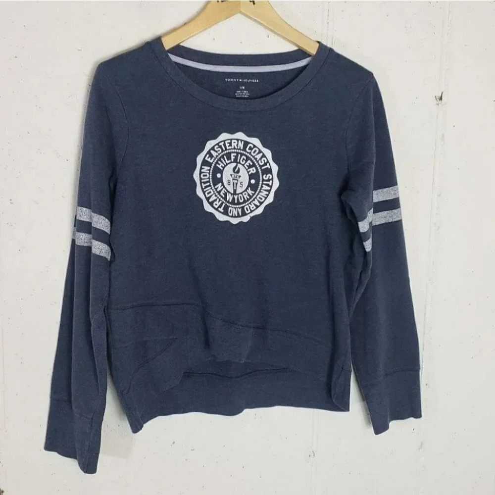 Tommy Hilfiger Womens Crew Neck Sweatshirt Long Sleeve Graphic‎ Print Blue Large